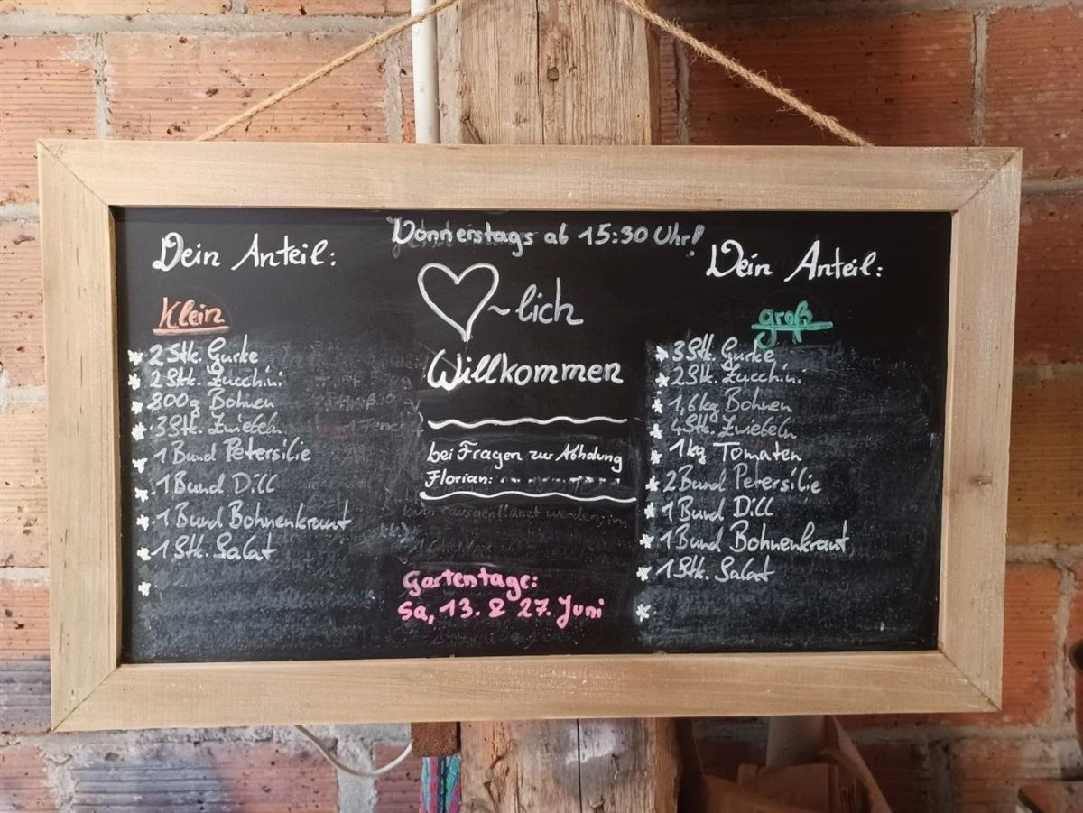 Kreidetafel im Abholraum: Zusammenstellung des kleinen und großen Ernteanteils